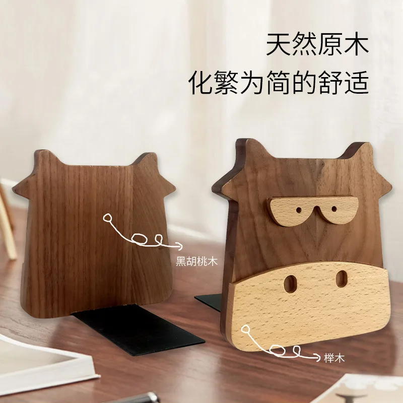 Solid Wood Little Cow Book Stand Desktop Black Walnut Book File Bookside Gift Ornament