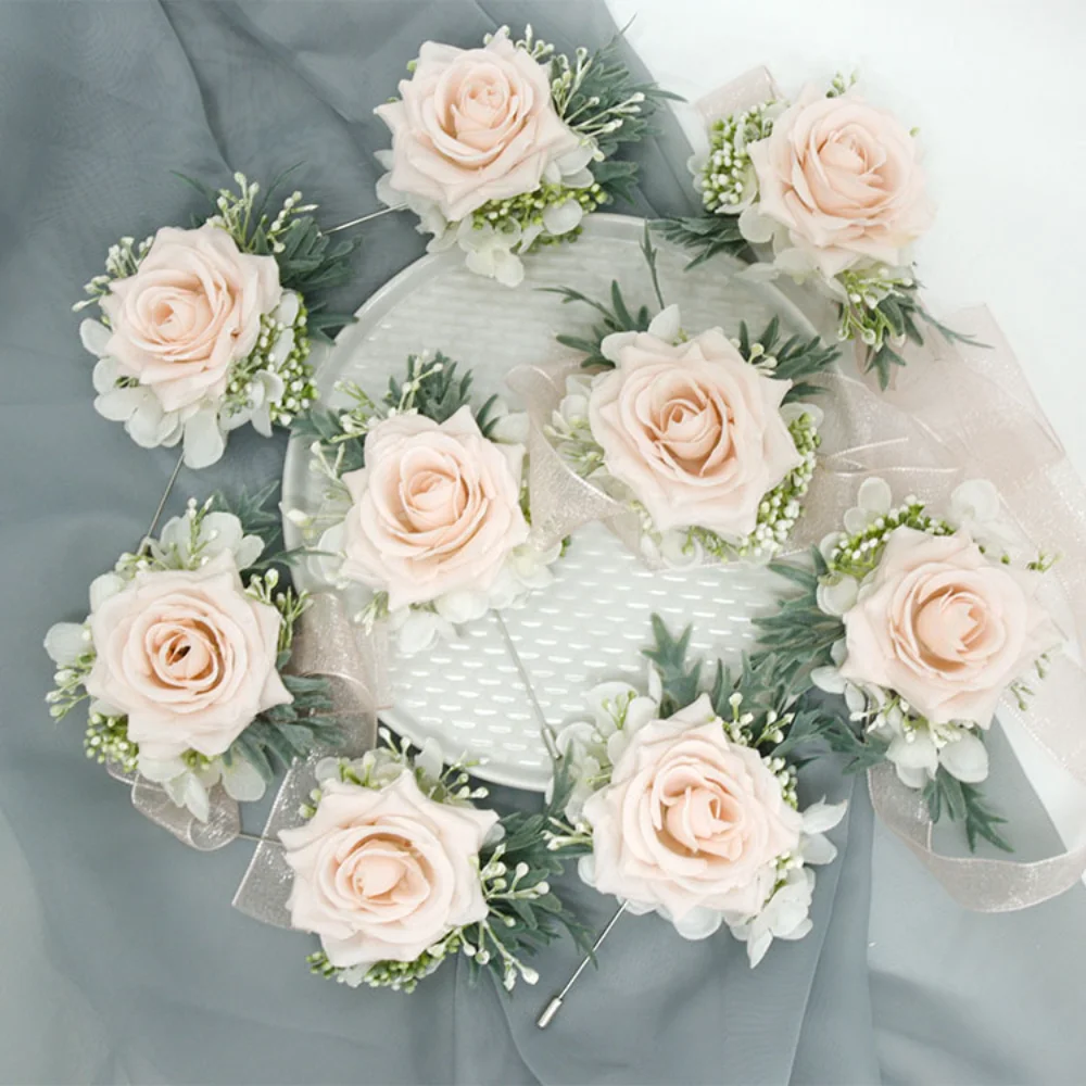 Boutonnière de fleurs rose clair classique pour mariage, boutonnière de marié faite à la main pour la mariée, accessoires de mariage de corsage