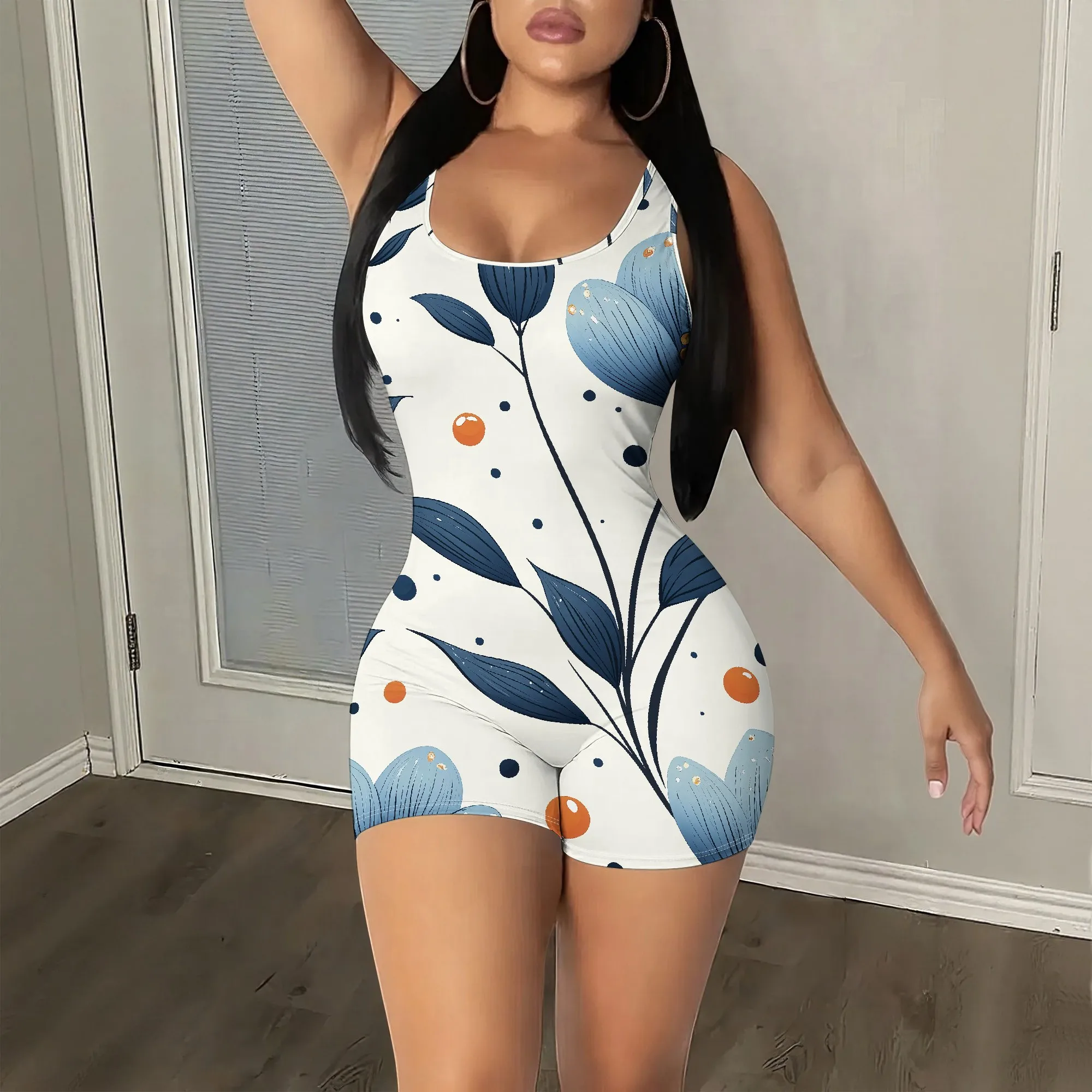 

Floral Romper, Sleeveless Playsuit, Blue Leaf Print, Orange Dots, Women's Summer Jumpsuit, Beach Vacation Wear, S-2XL