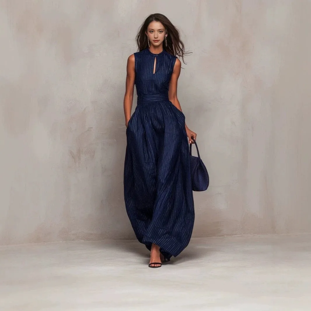 

For Woman High Quality Sleeveless High Neck Romper Boho Style Striped Pattern Maxi Length Navy Blue Wide Leg Jumpsuit Flowing
