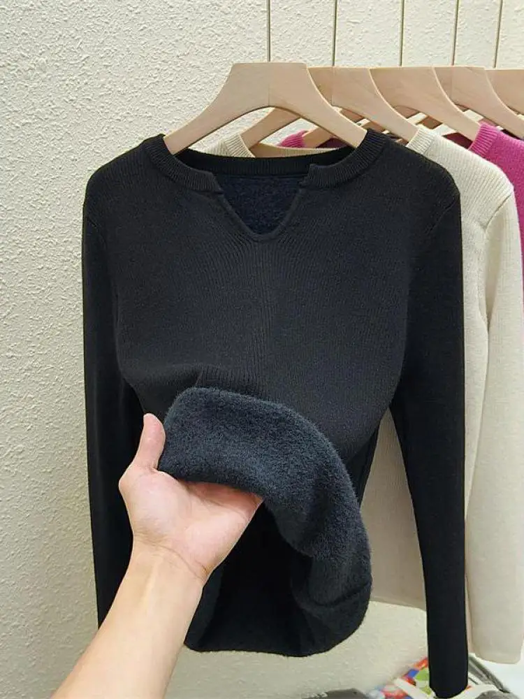 

Autumn Winter Korean Fashion Solid V Neck Velvet Knit Crochet Sweater Women Warm Long Sleeve Pullovers Tops Casual Popular Trend