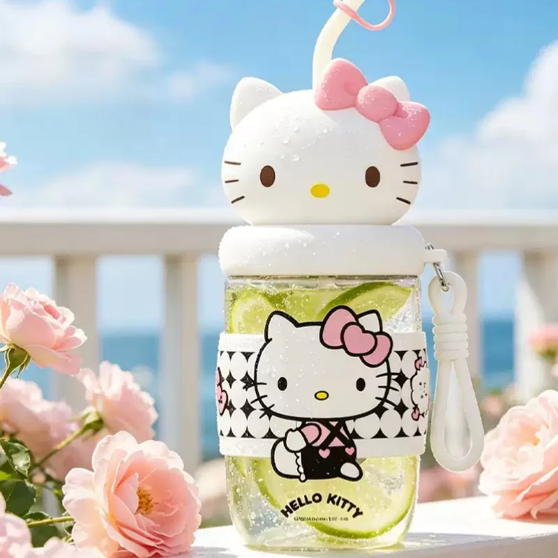 X&W Sanrio Plastic Water Bottle Cartoon Straw Mug with CarryIing Rope＆Cute Lid Summer Cold Drink Tea Tumbler Sports/Travel Cup view 3