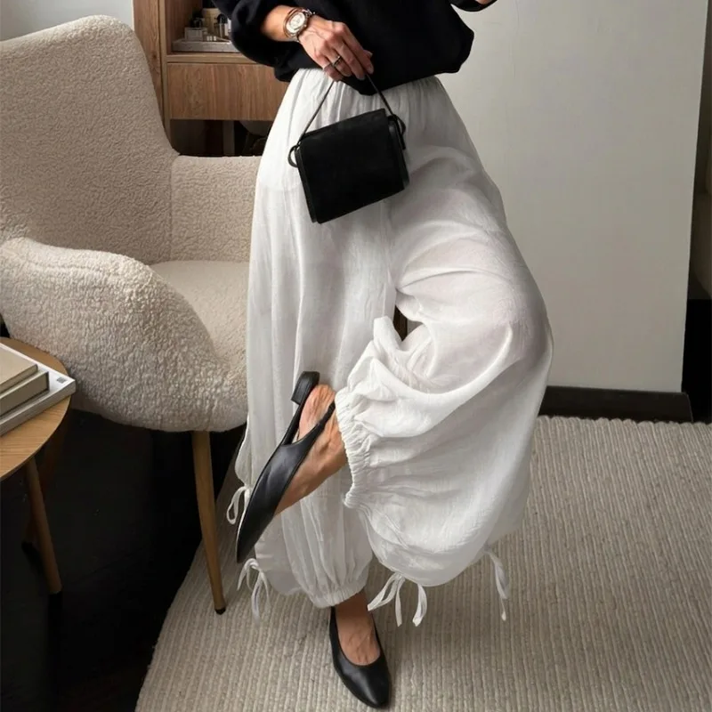 Spring Summer New European American Cross-border Baggy Pants, High-waisted Lace-up Tights Loose Casual Wide-leg Pants for Women