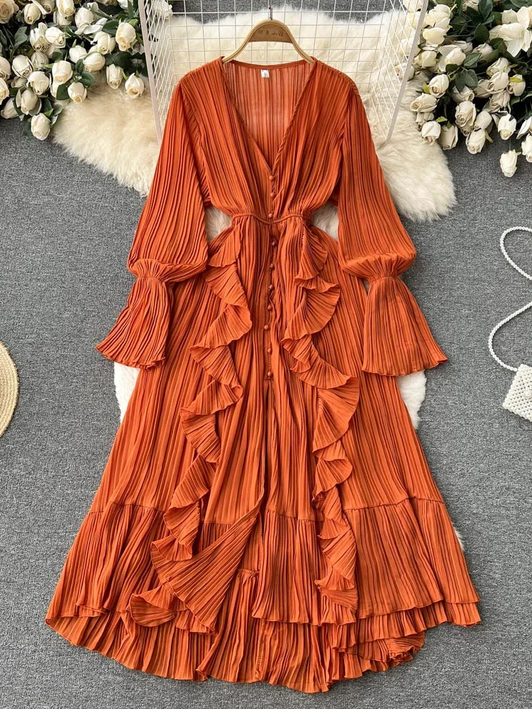 Beach Chiffon Dress Women Elegant  Lotus Leaf Lace V-Neck Pleated Long Dresses Ladies Single Breasted A-line Vintage Long Robe