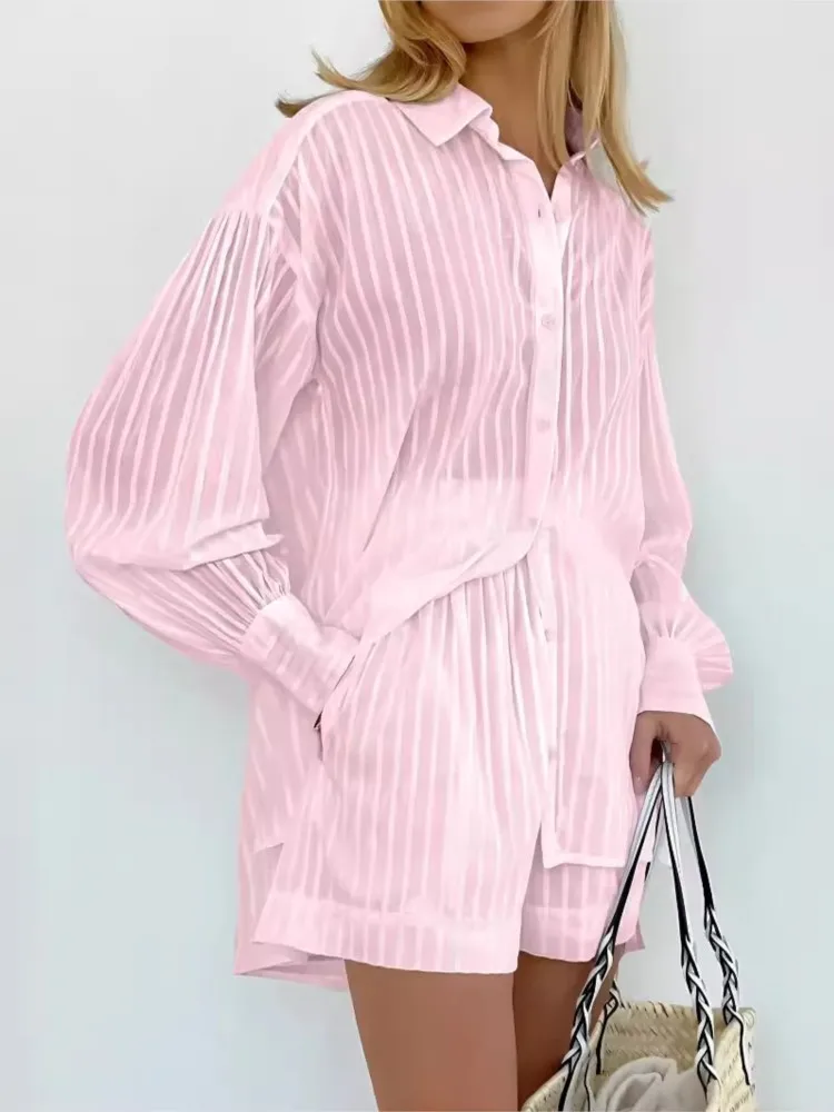 Spring Summer Solid Color Short Pants Sets Women Stripe Puff Sleeves Shirt Shorts Commuting Two Piece Set Simple Style Lady Suit