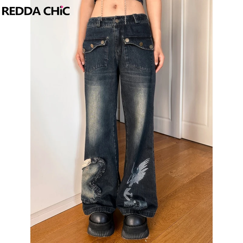 

ReddaChic Y2k Butterfly Pockets Cargo Pants Women Vintage Blue Wash Falling Angel Print Wide Leg Baggy Jeans Harajuku Work Wear