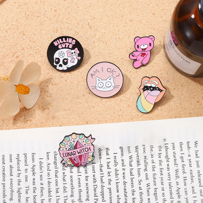 Pink Punk Enamel Pins Custom Witch Bear Tongue Ghost Call Brooches Lapel Badges Gothic Halloween Jewelry Gift for Friends