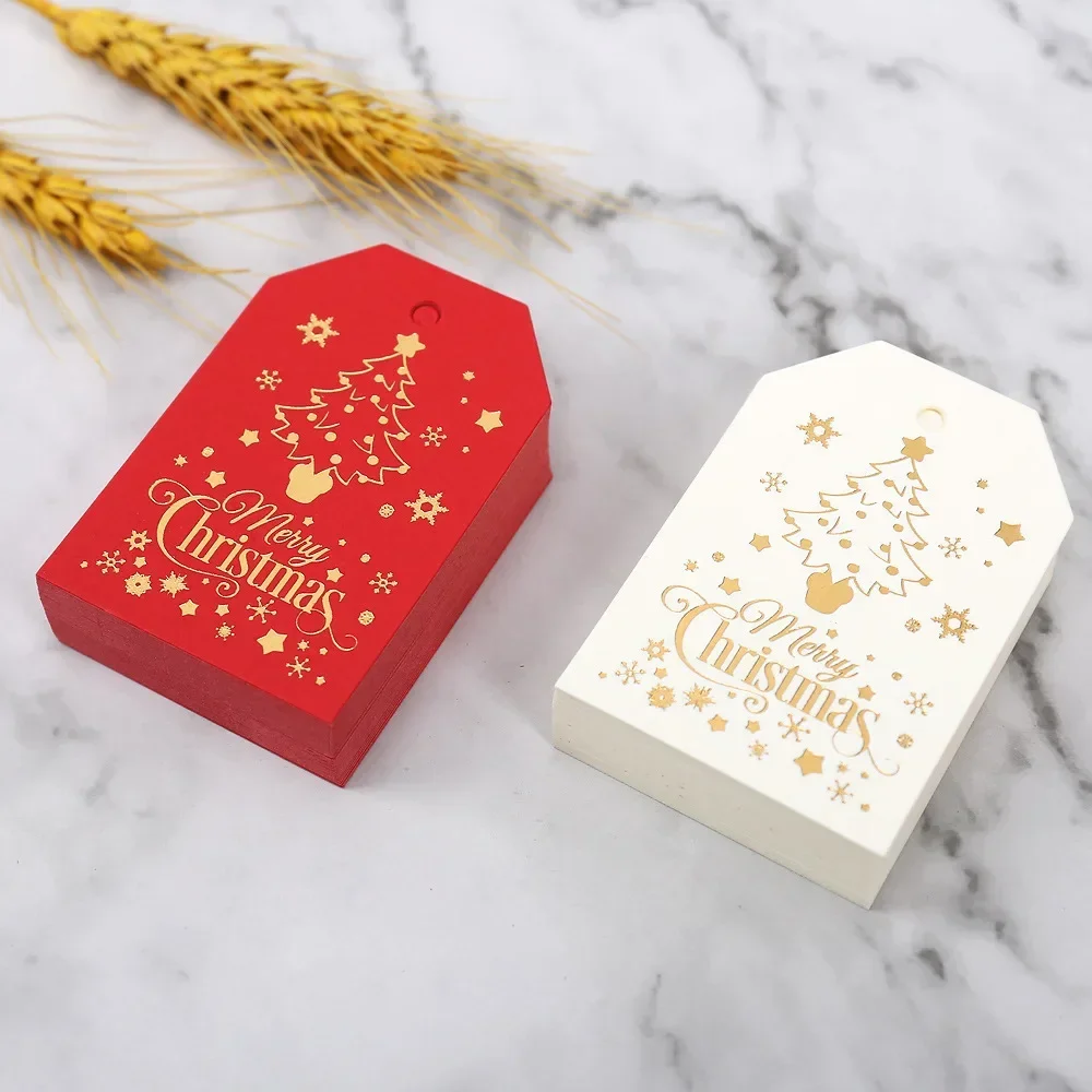 50szt Wesołych Świąt Prezent Tagi Czerwony Biały Papier Karty Etykiety Xmas New Year Party Torby Pudełka Opakowania Hang Tag Navidad Supplies