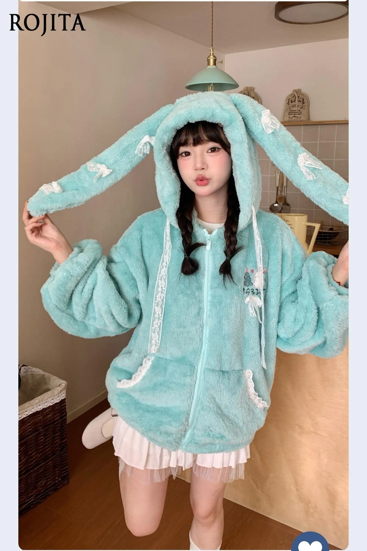 

Mint Green Fleece Hoodie Rabbit Ear Plush Jacket Female Cute Autumn and Winter Hooded Thickened Warm Cotton-padded Coat