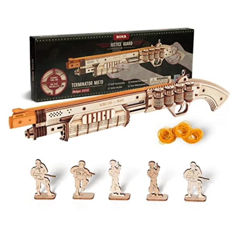 Robotime 3D Wooden Puzzle Rubber Band Guns Toy Shotgun Model Building Kits Cool Toys Hobbies for Men Women