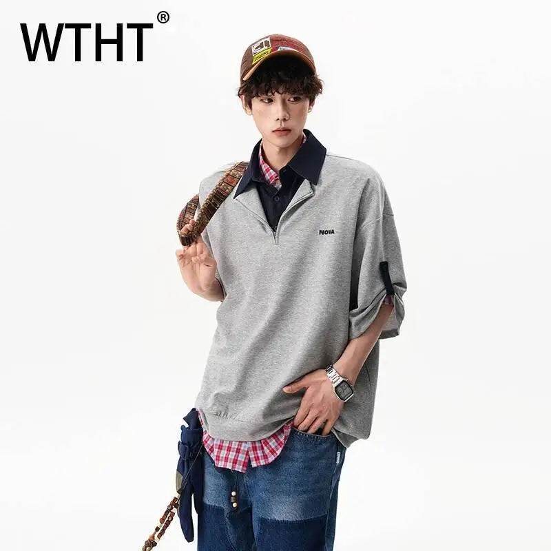 WTHT Trendy Men's Spliced Contrast Color Fake Two-pieve Design T-shirts Fashion Lapel Short Sleeves Tops Male 2026 Summer 2A2879