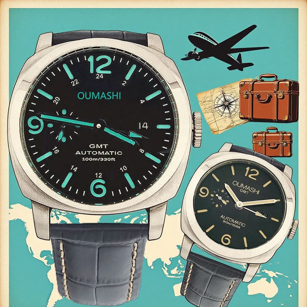 

45mm vintage men's watch ST2557GMT automatic mechanical movement dual time zone green luminescent customizable logo men's watch