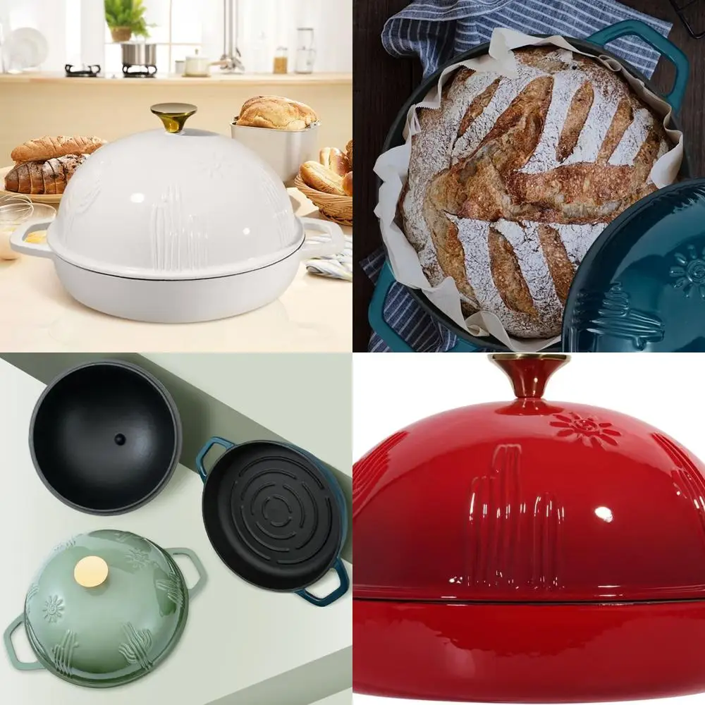 

Enameled Red Dutch Oven with Cloche Lid for Sourdough Baking, 5-Quart Cast Iron Bread Oven