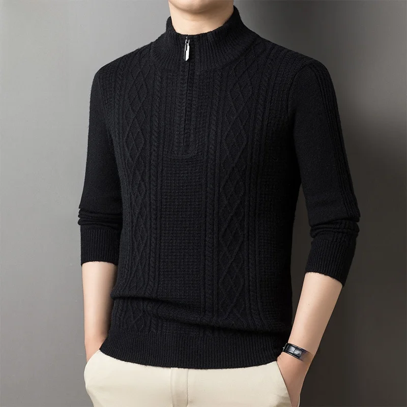 

Мужская зимняя модная трикотажная кофта с высоким воротником на молнии, облегающая, черная, базовый слой, повседневная, из полиэстеровой смеси