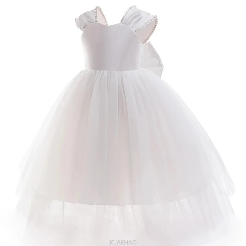 

Flower Girl Dress Costume White Pearl Sleeveless French Tutu Gown Kids Wedding Children Dresses Long Princess Outfits Clothing