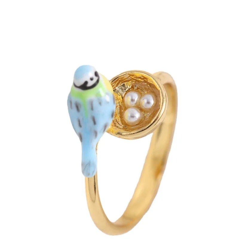 2025 joyería de primavera moda Linda Bohemia exquisita titanta azul anidación de aves Mini huevos de perlas anillo ajustable de lujo ligero para mujeres