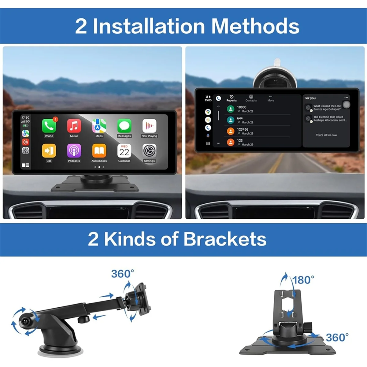 10.26Inch Wireless Carplay & Android Auto Stereo with AHD Backup Camera, Portable Car Radio Bluetooth Mirror