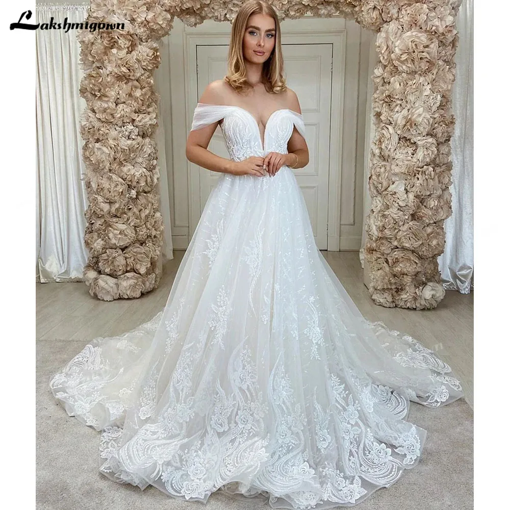 

Romantic Long A-line Off-The-Shoulder Wedding Dress With Tulle Lace Button Sleeveless Chic Boho Wedding Gown vestido de novia