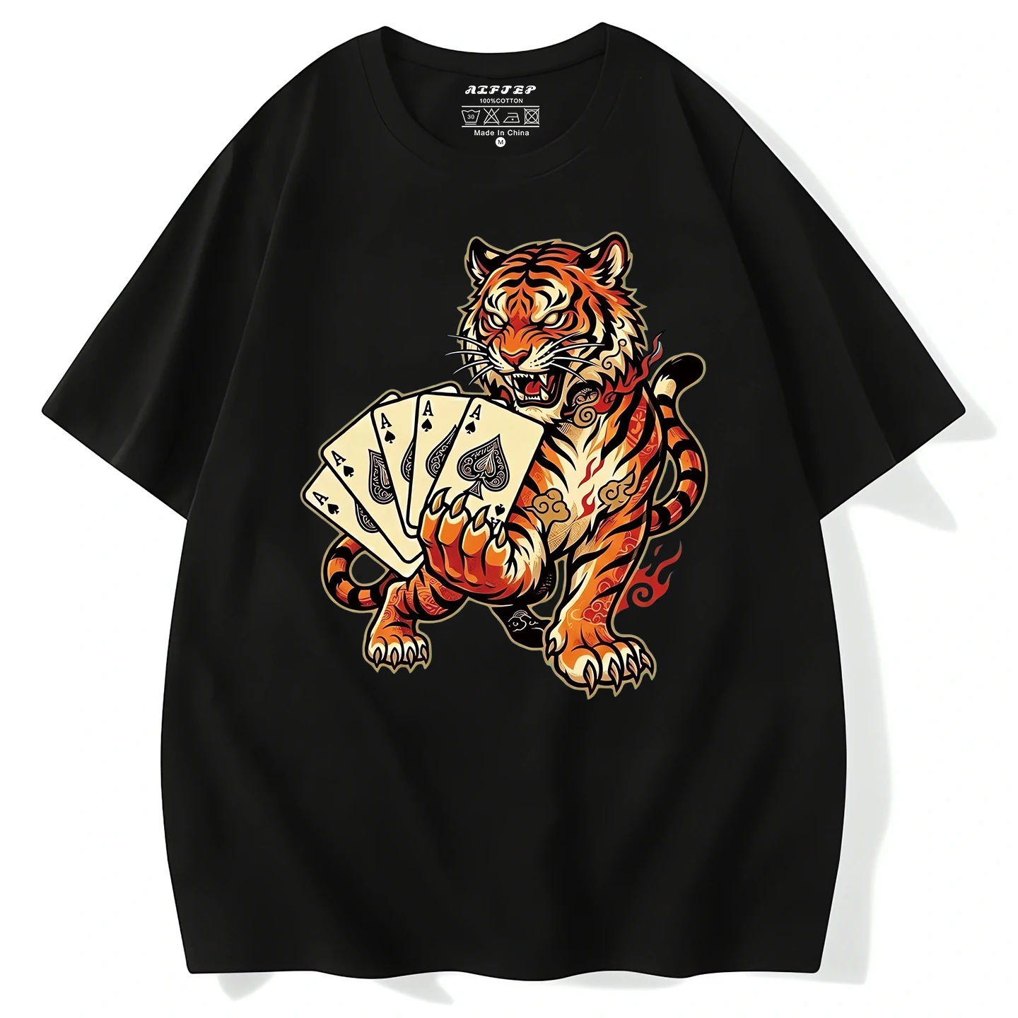タイガープリント半袖tシャツピュアコットンメンズファッションカジュアルtシャツデューセスワイルドポーカーテーマプラスサイズ快適で通気性のある