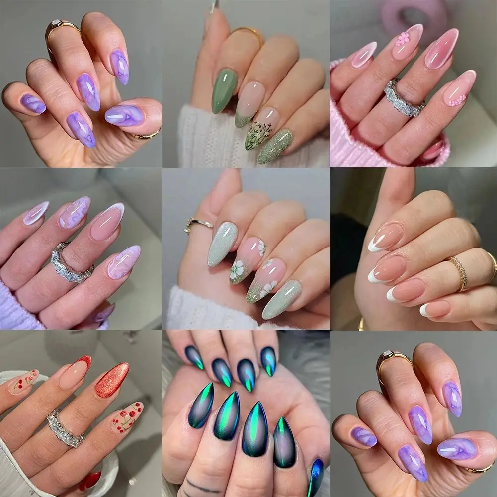 Manicure długie migdałowe sztuczne paznokcie francuskie fiolet Nials kocie oko wiśniowy kwiat motyl tipsy do paznokci DIY