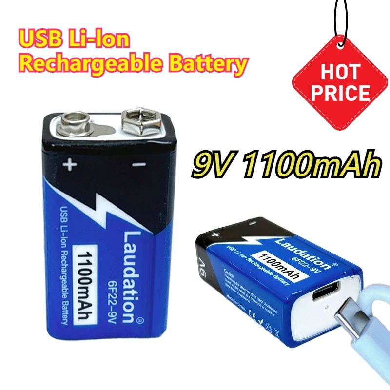 

6F22 9v Rechargeable Battery 9V 1100mAh Type-C Li-ion Battery For Metal Detector Remote Control Helicopter Microphone Toy Model