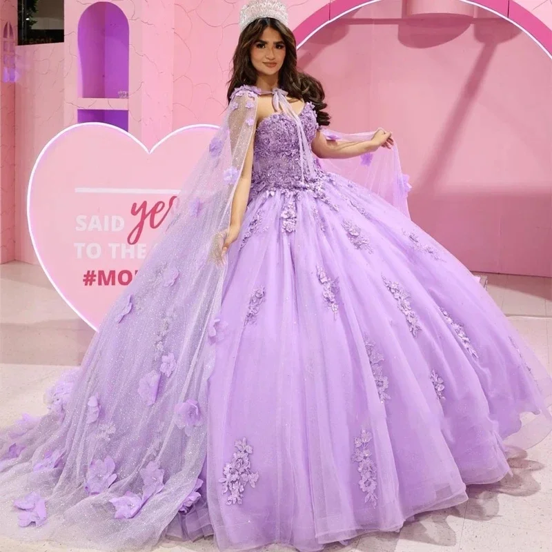 ANGELSBRIDEP Лавандовые платья Quinceanera ручной работы 3D Цветочная аппликация с накидкой Многоярусные оборки день рождения для сладких 15 лет