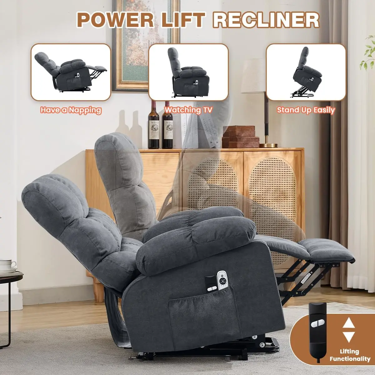 Power Lift Recliner Chair for Elderly with Heat and Massage, Electric Recliners Single Sofa with Side Pocket and USB Charge Port for Living Room and Bedroom Comfort view 8