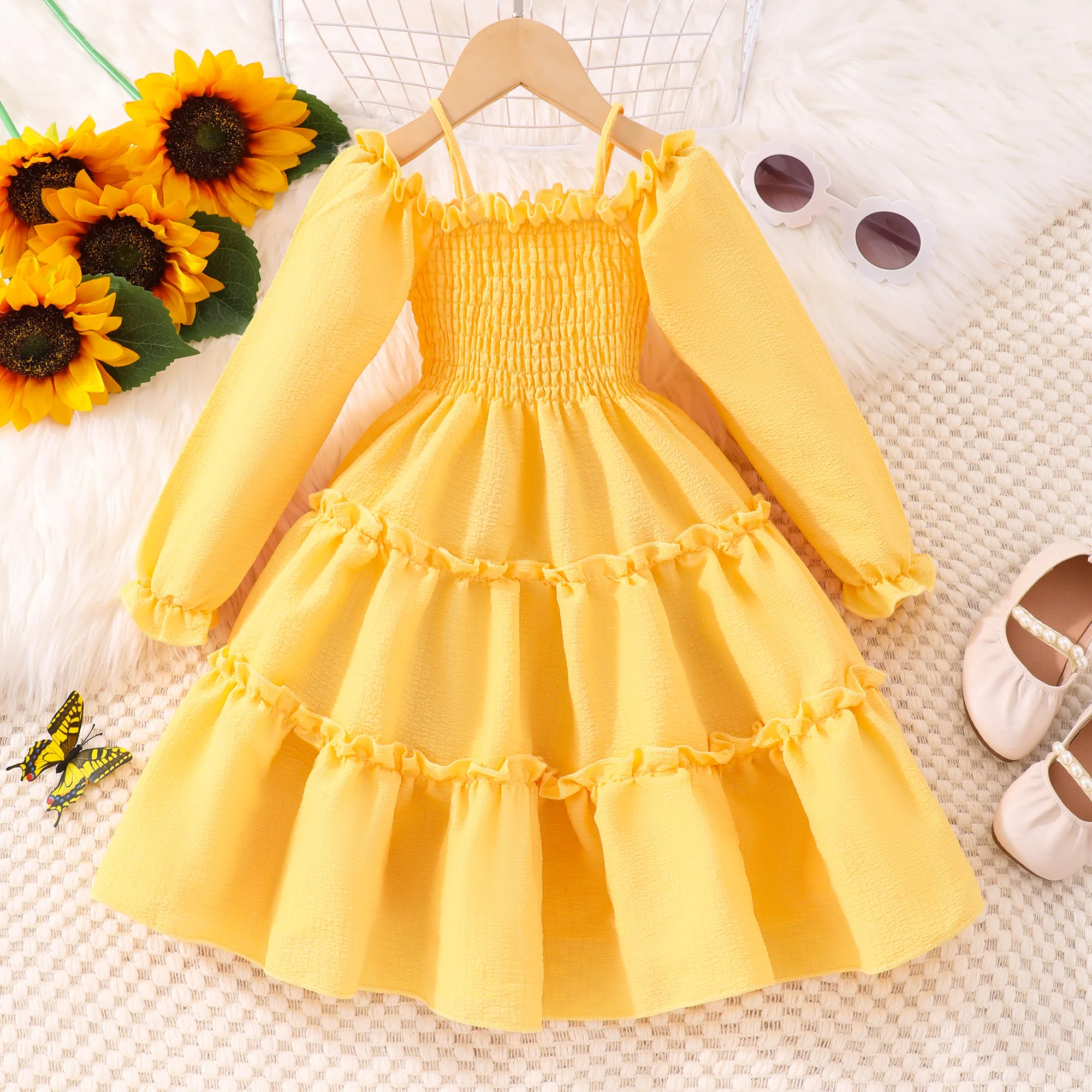 2023 New Children's Girls Dress Autumn Solid Strap Off Shoulder Long Sleeve Party Princess Dresses 3 4 5 6 7 Years Girl Clothing