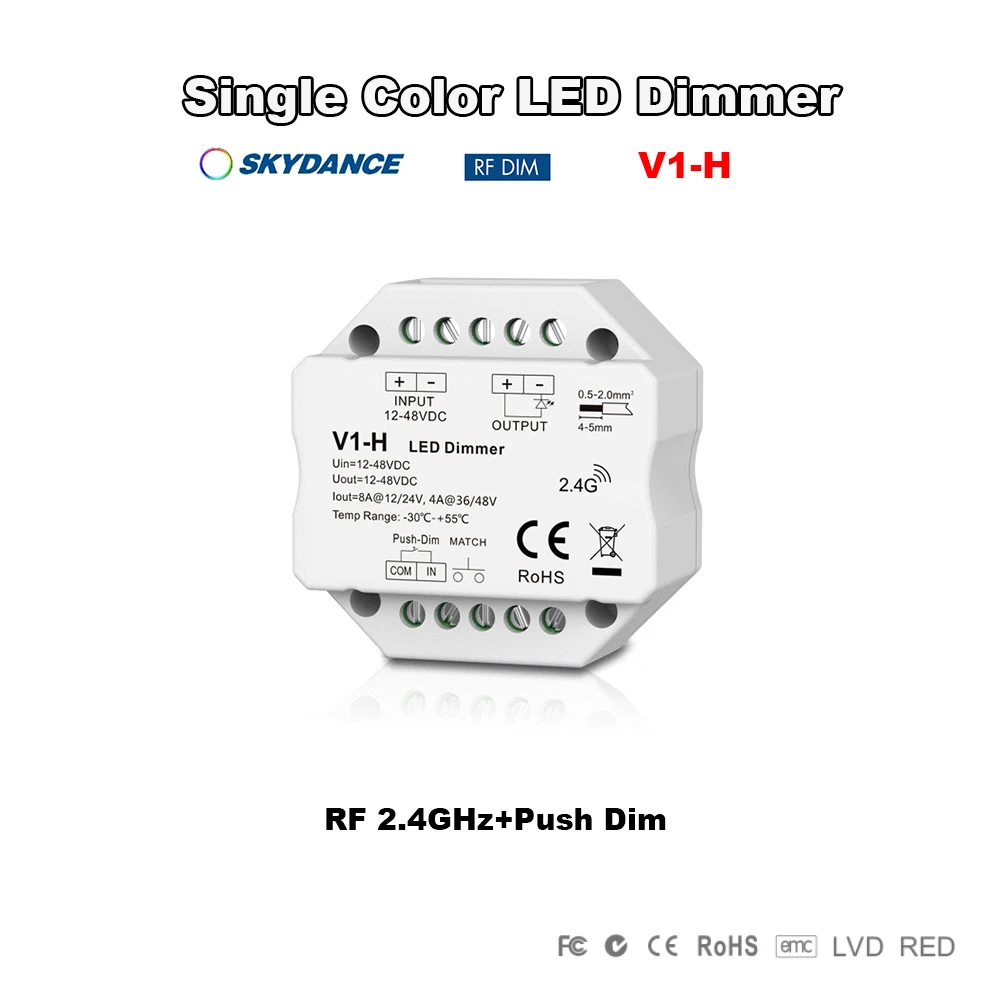 Skydance V1-H DC12-48V 4-8A CV 0-100% Dimmer Step-less dimming /RF 2.4GHz+Push Dim Controller For Single color LED Strip