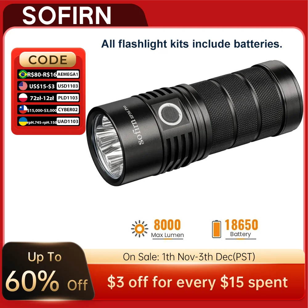 SOFIRN SP36 Pro Anduril 4*SST40 Powerful 8000LM LED Flashlight USB-C Rechargeable 18650 Torch Super Bright Lantern