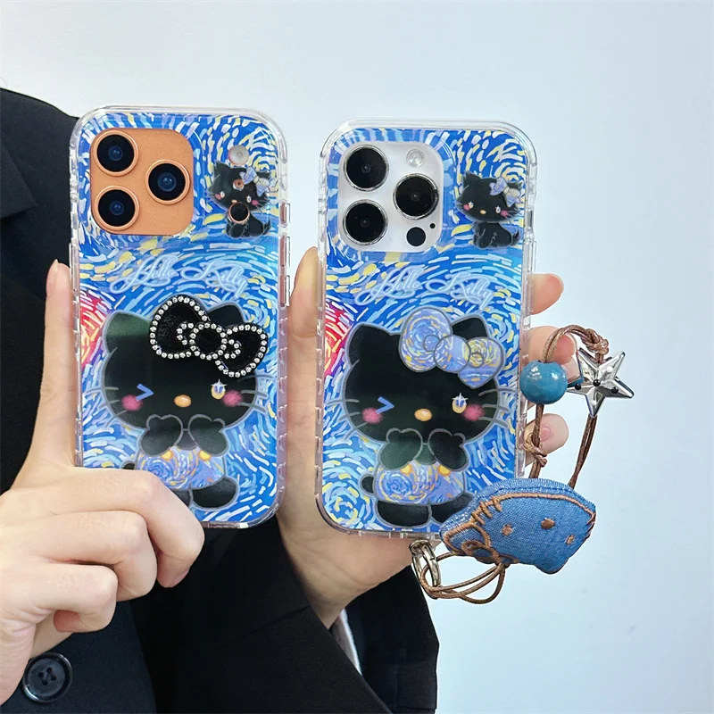 

Fashion Oil Painting Graffiti Hellokitty Phone Case For iPhone 17 Pro 16 15 14 Pro Max Cover with Hand Rope Strap Cute Cartoon C
