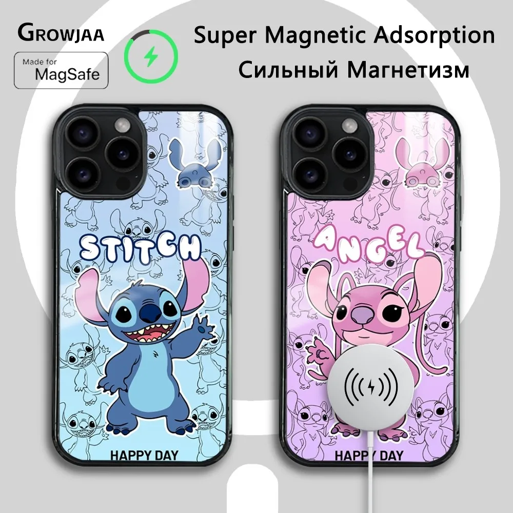 Disney Stitch Angie Phone Case For iPhone 16 15 14 13 12 11 Pro Max Plus Mini New Magsafe Mirror Wireless Magnetic Cover