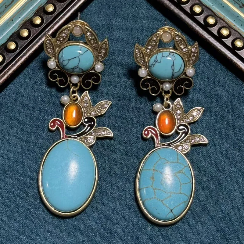 

Vintage Drop Turquoise Jewelry Earrings Flower For Women Petal Gold Color Pearl Rhinestone Valentine Day Gift Christmas 2025