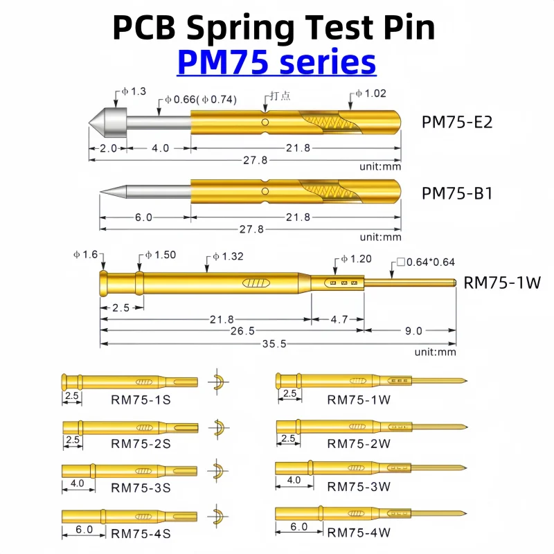 

PM75 Series Nickel Plated Brass Spring Test Probe Test Pin Pogo Pin Electric Needle PCB Test Tool PM75-B PM75-B1 27.8mm 1.02mm