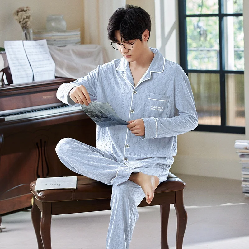 Men's Spring Summer Solid Cotton Sleepwear Long Sleeve Trousers Cardigan Suit Casual Loose High Elastic  Teenagers Pajamas