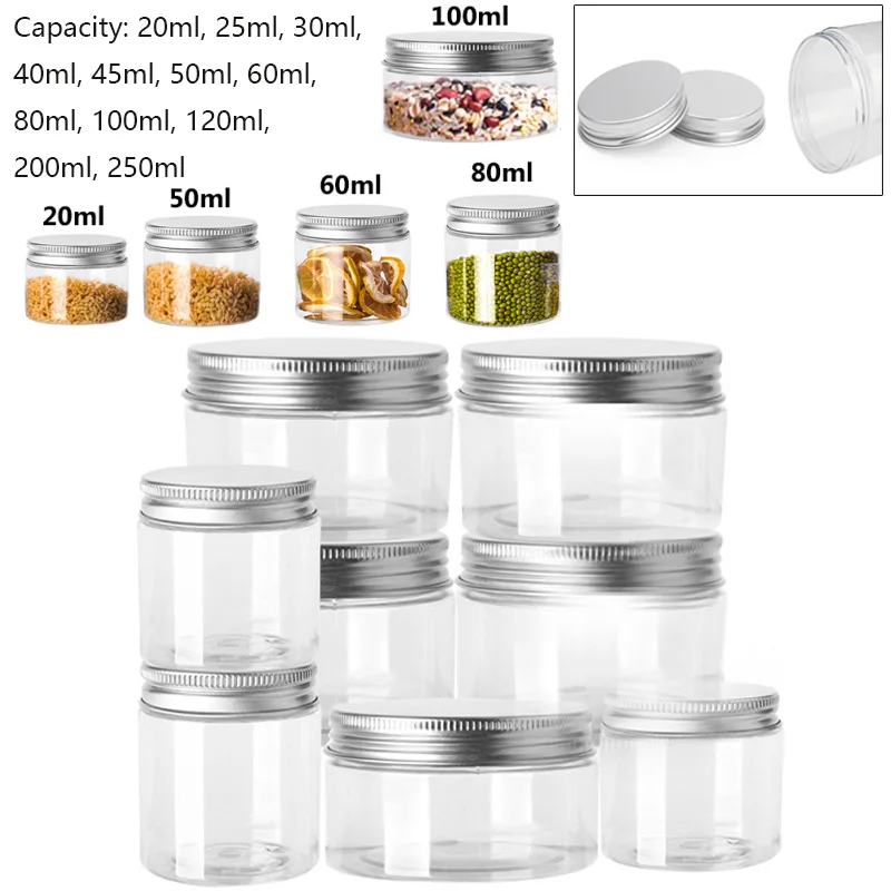 5pcs Aluminum Cap Sealed Cans PET Empty Transparent Plastic Bottles 15Sizes Wide Mouth Jar Oil Wax Packaging Container With Lids