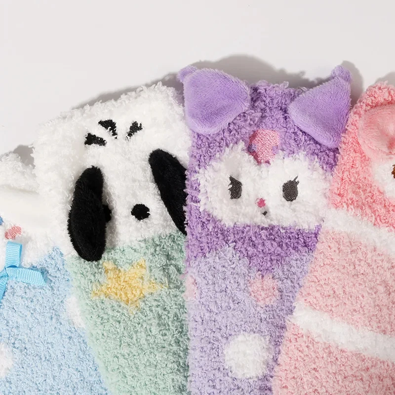 4Pcs/set Kawaii Sanrio Plush Sock Anime Kuromi Cinnamoroll MyMelody Autumn Winter Ins Soft Girl Floor Sox Holiday Cotton Socking