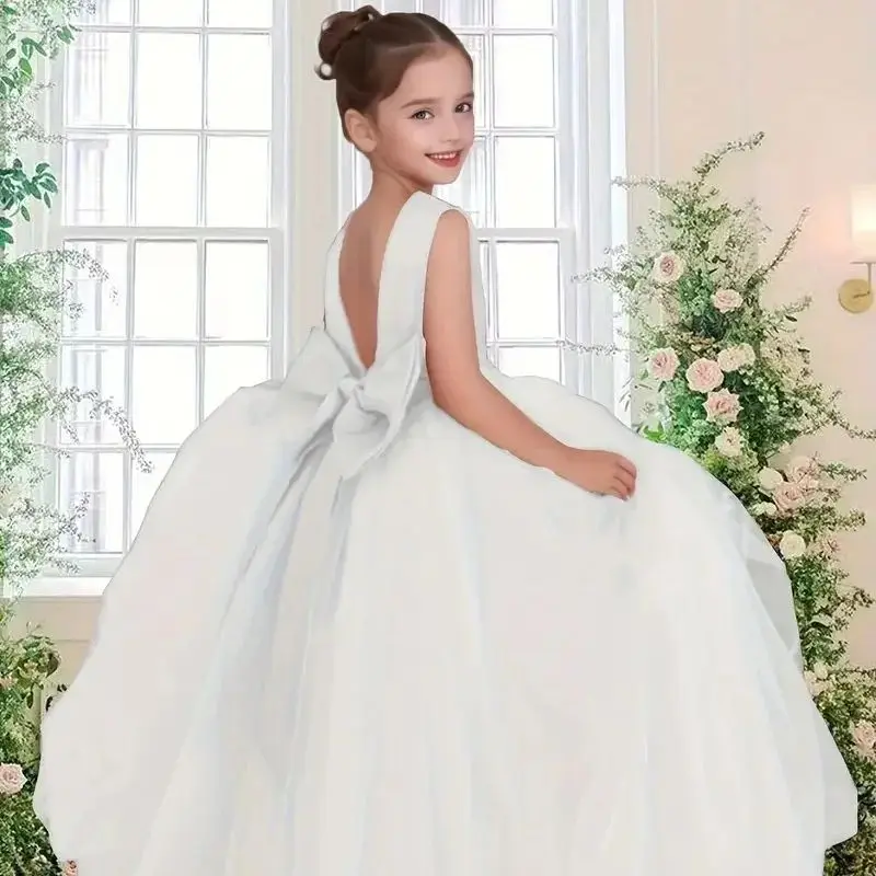 

Girls Stunning White V-Neck Satin Bow Evening Gown For First Communion Birthday Bridesmaid Wedding Special Occasions 4-12 Yrs