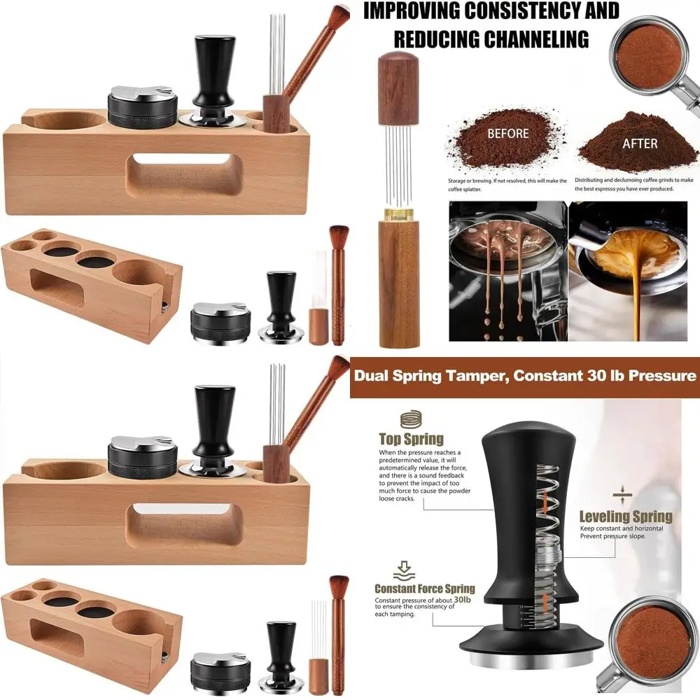 

5-Piece Espresso Accessory Set: Wooden Portafilter Stand, 54mm Distributor, Tamper, Stirrer Needle, Coffee Mat Brush