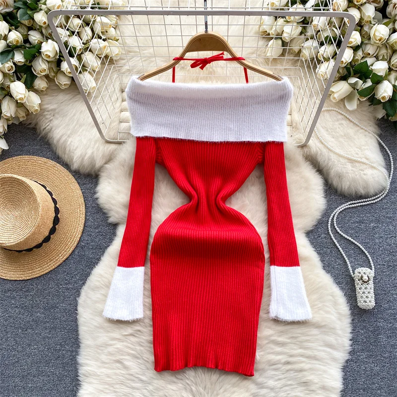 Spring Women Boat Neck Long Sleeve Contrast Color Slim Short Knit Hip Dress Red Black Purple Sweet Korean Ladies Knitted Dresses