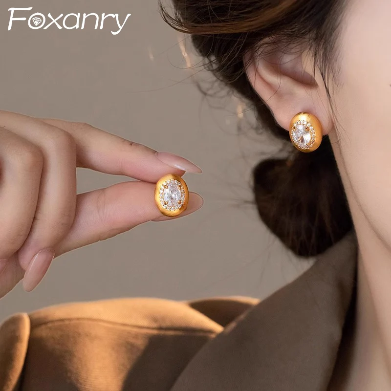 Foxanry Sparkling Zircon Scrub Stud Earrings For Women Girls Vintage Elegant Trendy Simple Exquisite Wedding Bride Jewelry Gifts