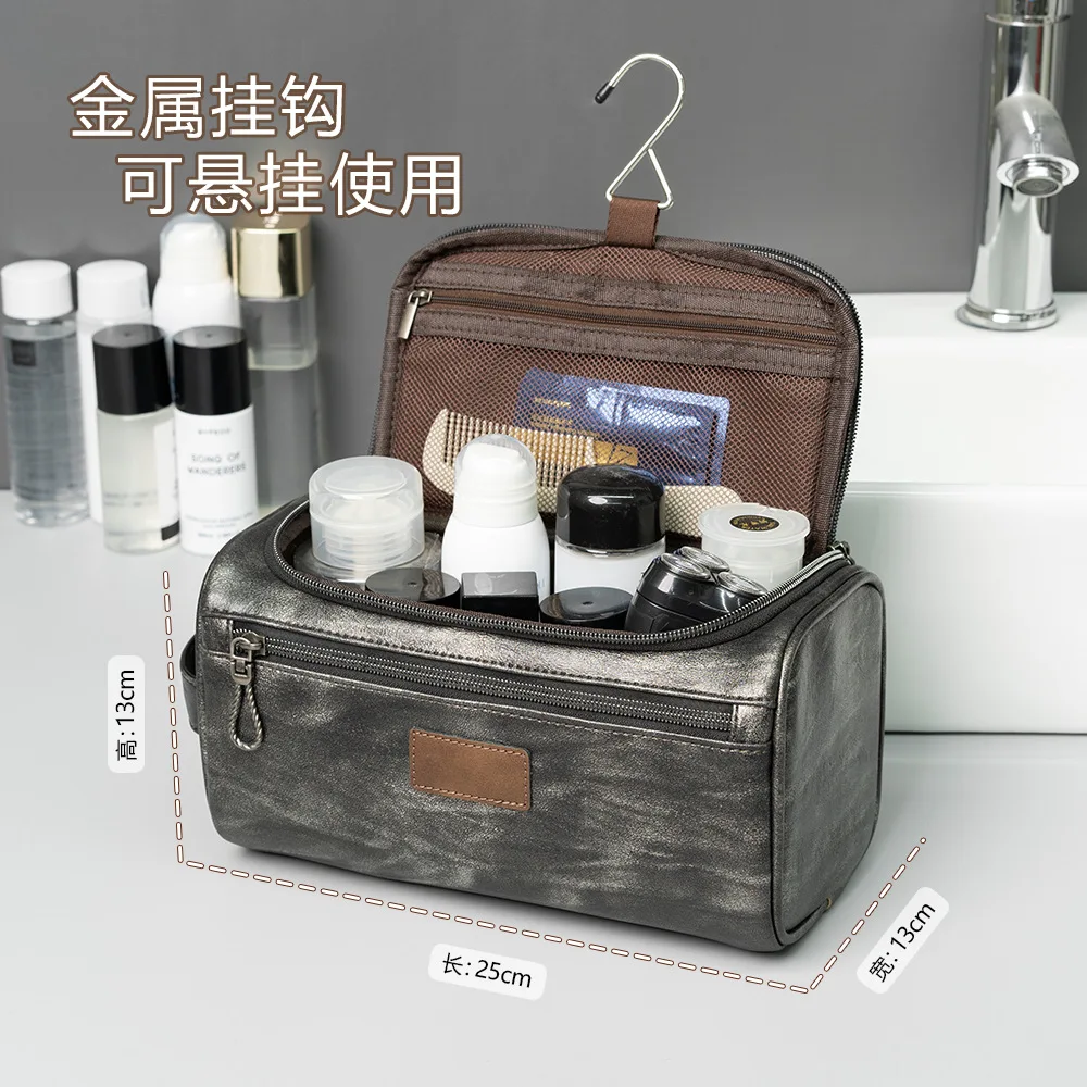 Men's PU leather double zipper color contrast wash bag light travel double hand large capacity cosmetic bag