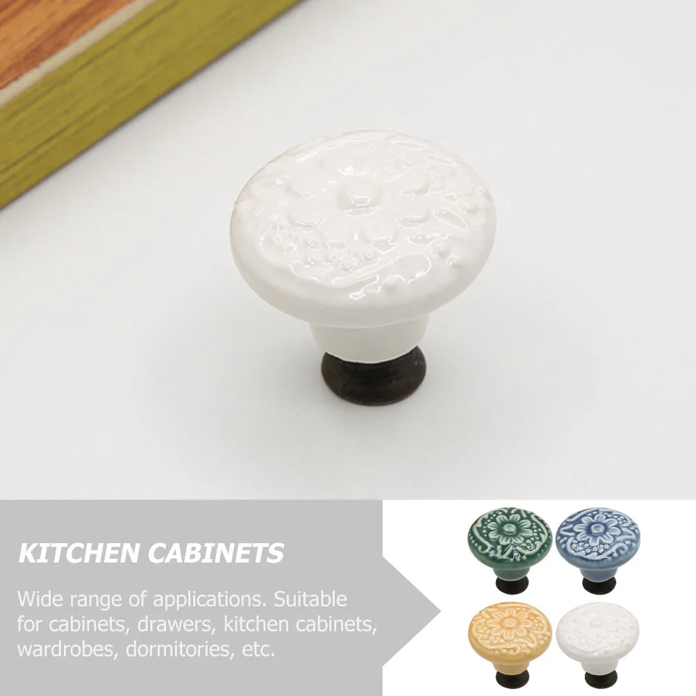 

4Pcs Ceramic Drawer Pull Handle Embossed Flower Round Single Hole Durable Knob for Cabinet Wardrobe Cupboard Furniture