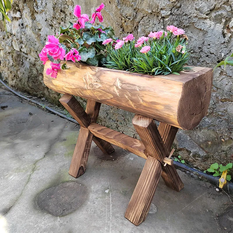 Log creative preservative wood flower pot balcony courtyard old wood flower slot flower stand solid wood succulent outdoor shelf
