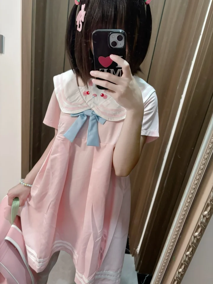 

Soft Girl Pink Navy Collar Dress with Little Bunny Ears Embroidery Japanese Style Daily Pleated Dress for Women Summer Dress
