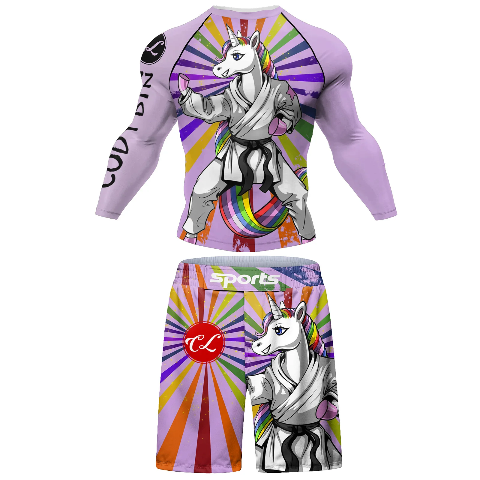 Cody Lundin Mens Cartoon Unicorn Printed Rash Guard Anti Pilling MMA Jiu Jitsu Training Tight Tops Pants Shorts Sports Outfit