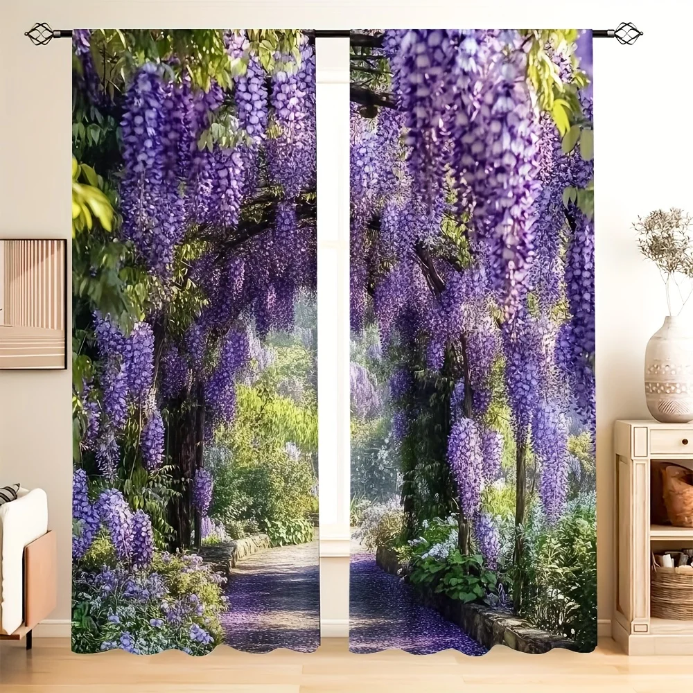 Vibrant Wisteria Floral Pattern Curtains Polyester Window Decor Room Curtains Panels Botanical Garden Print Elegant Home Window