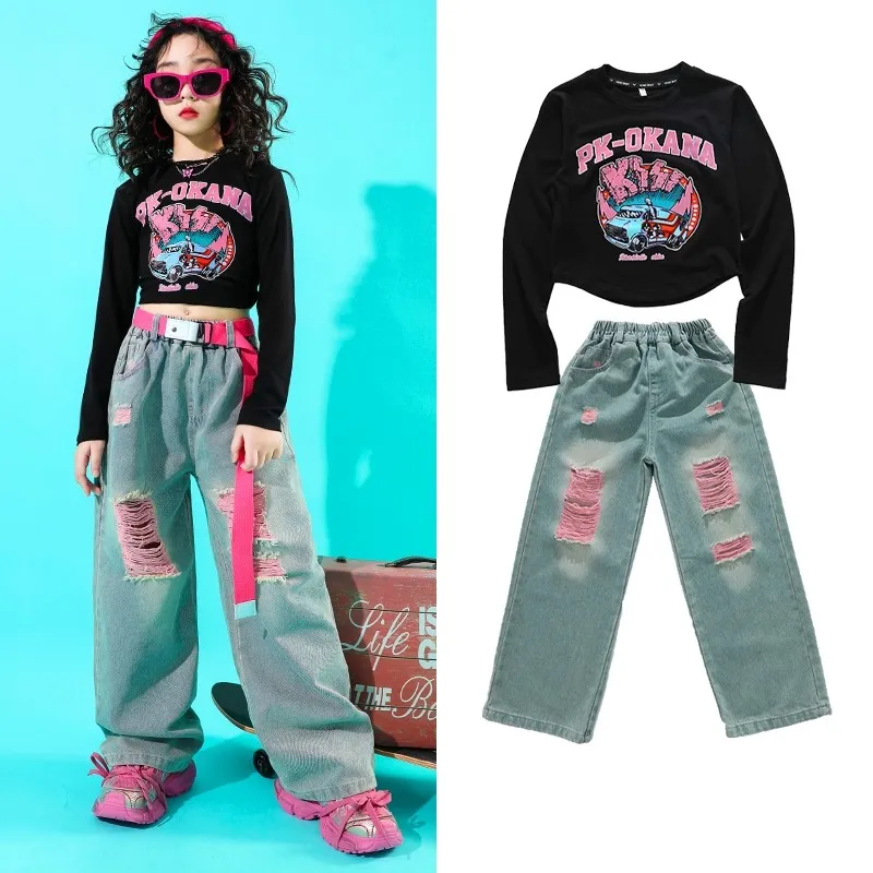 

Kids Hip Hop Clothes Sets Crop Top Wide Leg Pants Street Dance Jazz Sweet Costumes Girls Denim Pants Children Streetwear Outfits