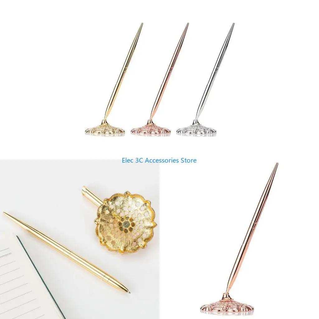 Y51A Retro Metal Ballpoint Pen Attached Base Stand Desk Office Counter Wedding Guest Sign Pens