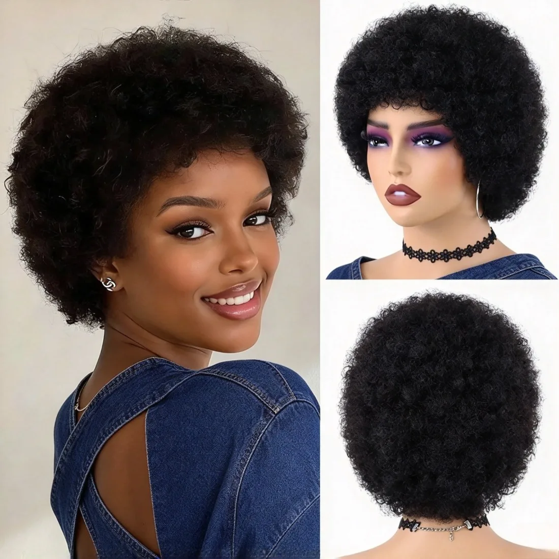 Natural Black Short Afro Kinky Curly Pixie Human Hair Wig for Black Women, With Bangs Glueless Real Hair Wig Voluminous Puff